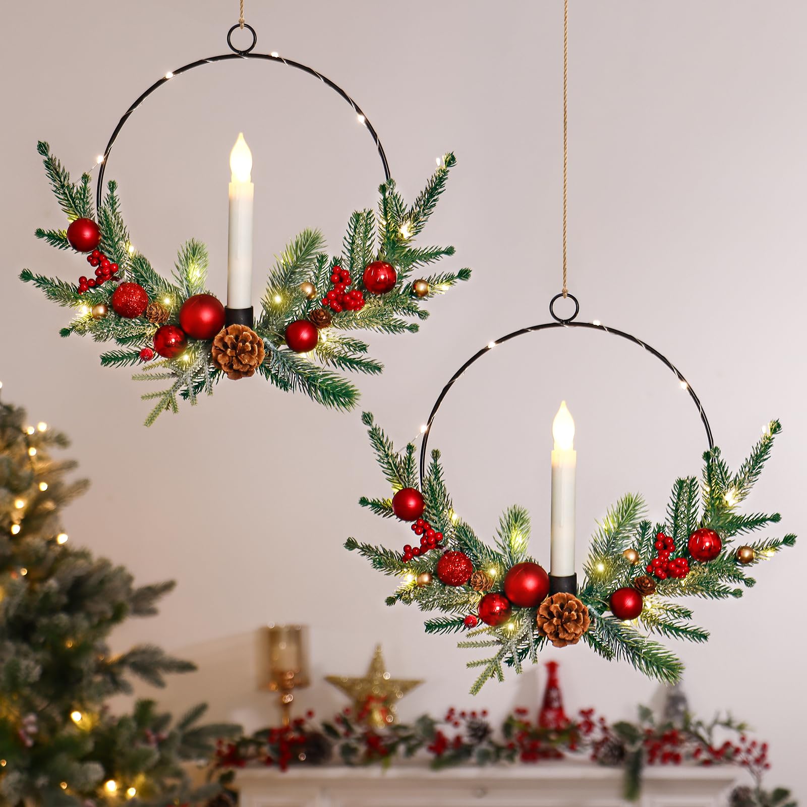 Dremisland Juego de 2 Corona Navidad Puerta con Luces 40cm Coronas de Navidad con Velas Corona de Adviento con Piñas Bayas Guirnalda Navidad Corona Artificial Decoración Navideña Chimenea Ventana