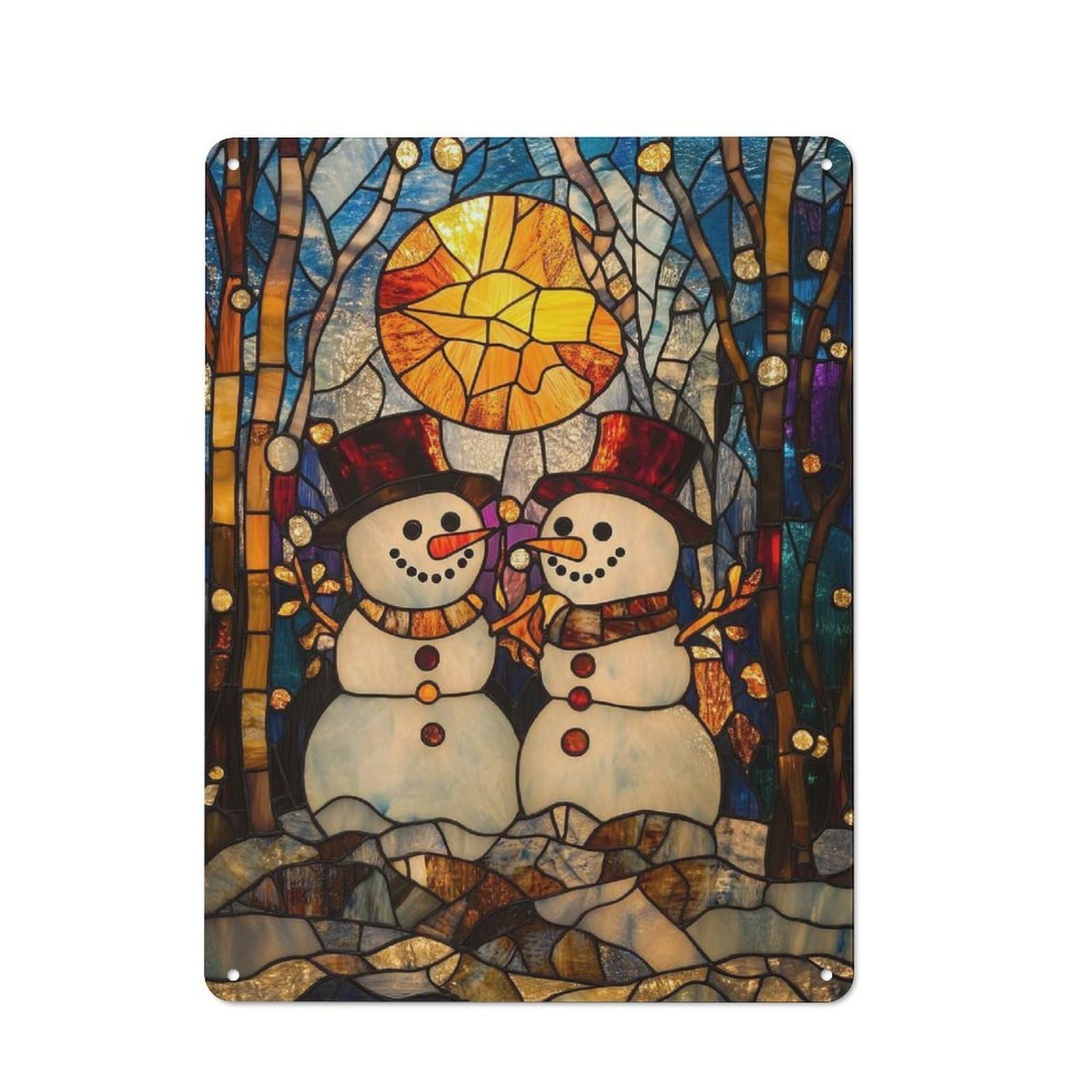 Junmoney Stained Glass Snowman Rustic Metal Wall Decor 40X30cm, Country Metal Sign For Kitchen, Cottage, Porch Or Garden Room