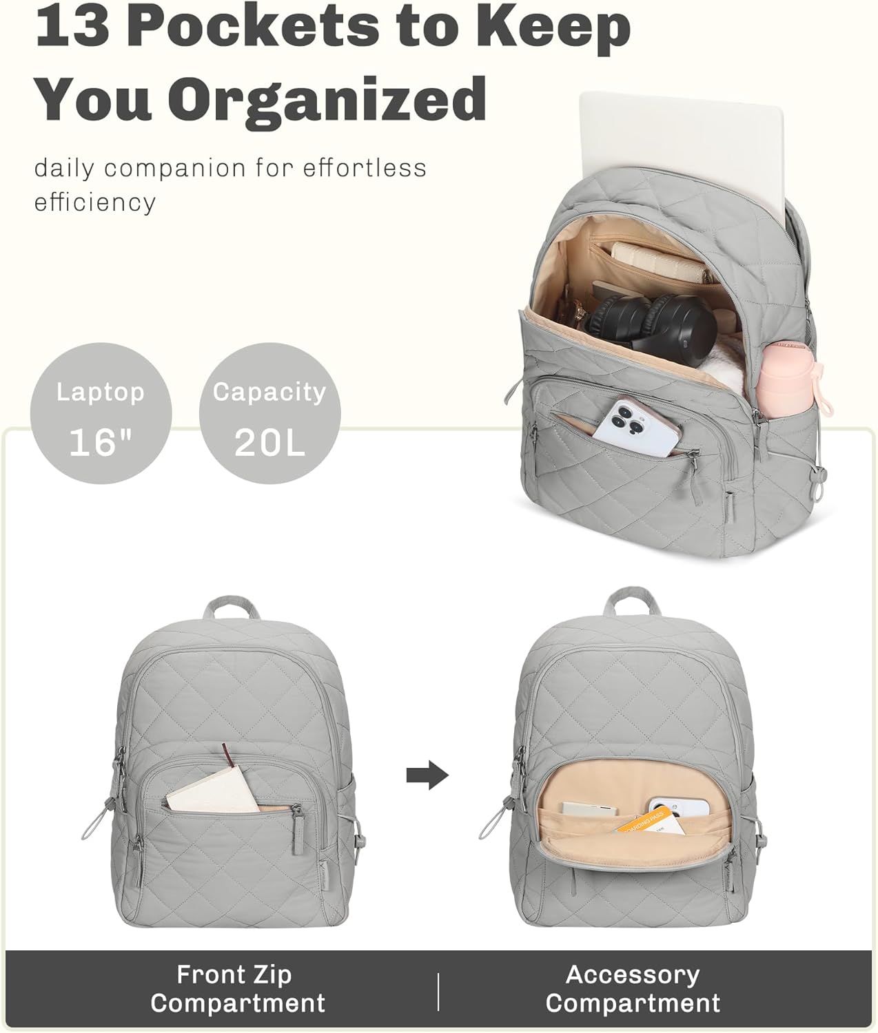 Hynes Eagle Travel Laptop Backpack Quilted College Backpack for Women Puffer Casual Daypack Personal Item Bag for 16 Inch Light Grey - Image 4