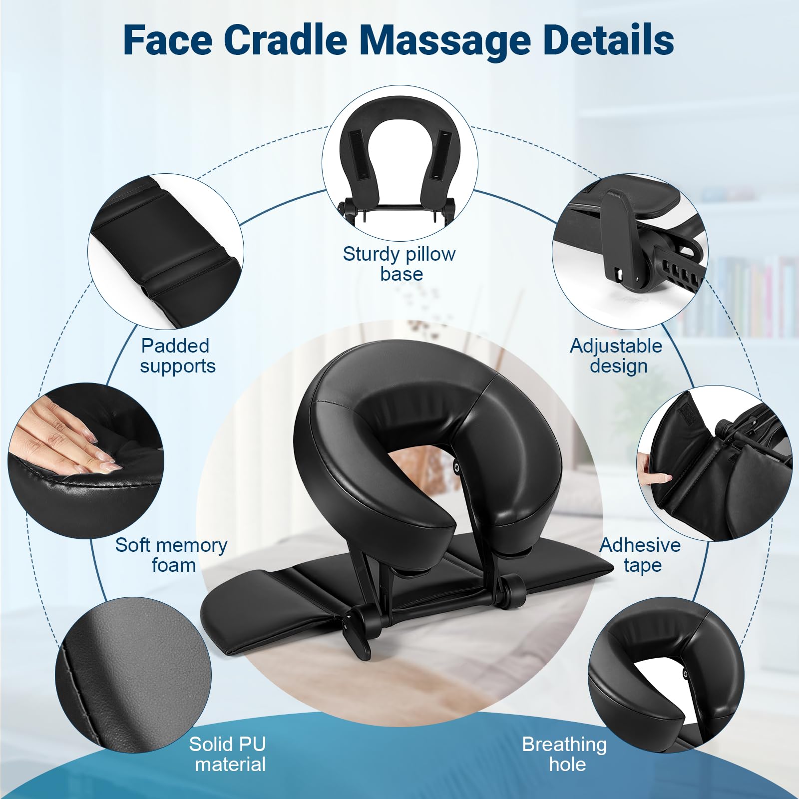 Kit per massaggi da tavolo, poggiatesta regolabile con poggiapolsi, cuscino universale per il viso, per scrivania da ufficio e letto spa, portatile, ergonomico, nero