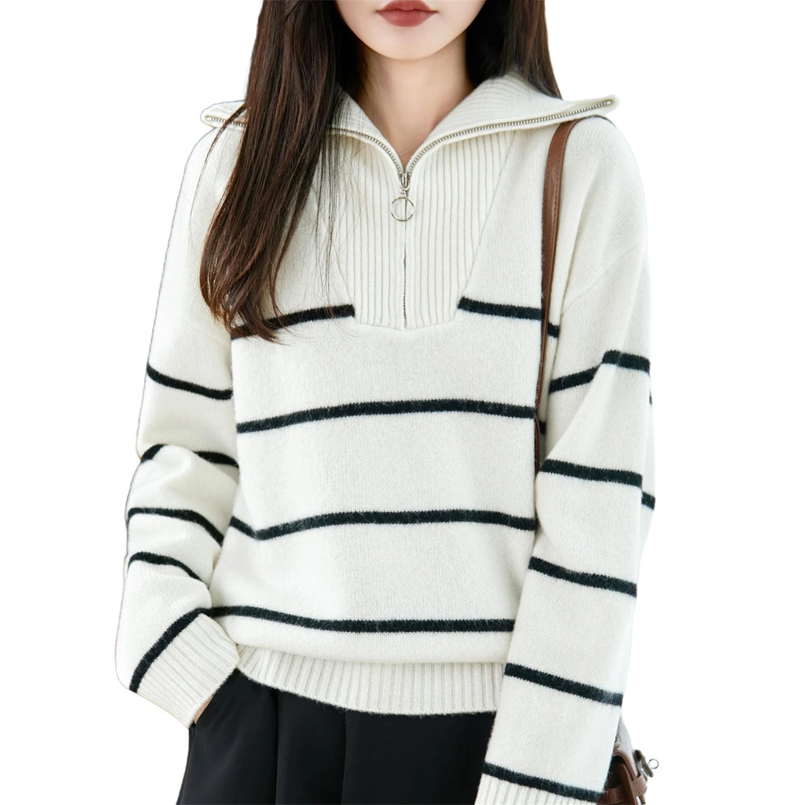 Womens 100 Percent Merino Wool Half Zipple Striped Pullover Casual Turn Down Collar Cashmere Sweater Winter Soft Tops