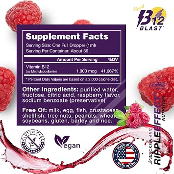 Bricker Labs B12 Blast Methylcobalamin 1000mcg, Great Tasting Sublingual Liquid Energy Vitamins -Vegan B12 Vitamins, Sustained Energy and Cellular Energy Supplement - 59-Day Servings