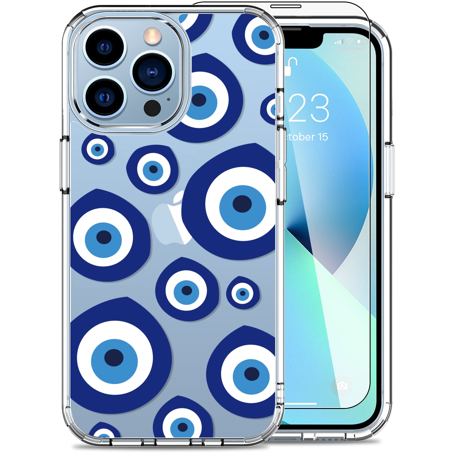 LUHOURI iPhone 13 Pro Max Case with Screen Protector,Clear Cover with Fashion Cute Designs for Women Girls,Slim Fit Durable Protective Phone Case for iPhone 13 Pro Max 6.7" Blue Circles