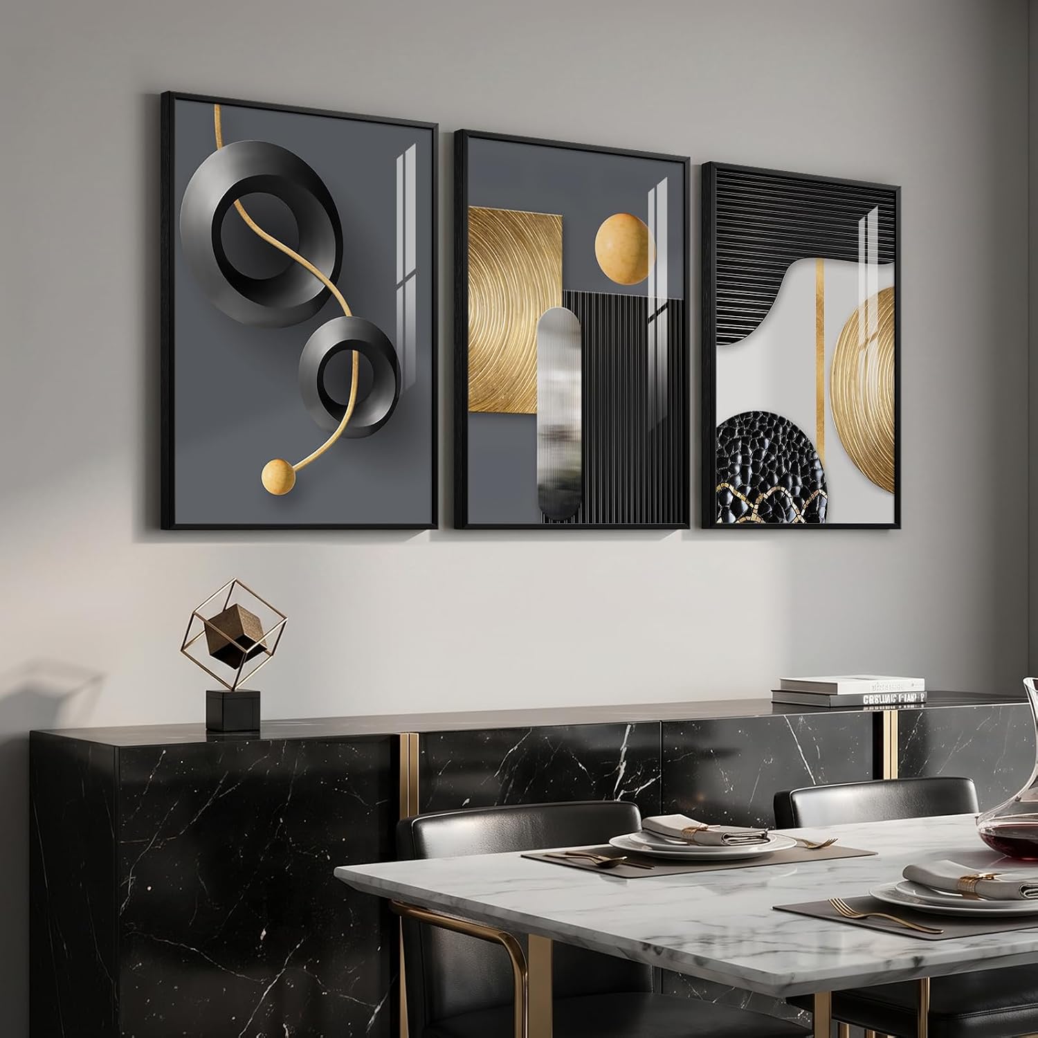 Framed Black Gold Modern Wall Art for Living Room, 3 Piece 16x24 In image 3
