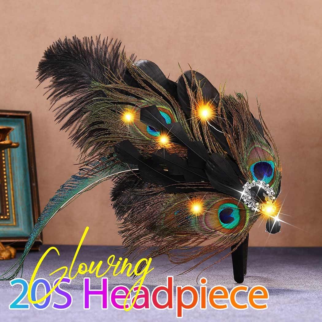 GORTIN 1920s Flapper Headpiece Light up Roaring 20s Feather Headband Art Deco Peacock Feather Hair Accessories for Women - Image 2