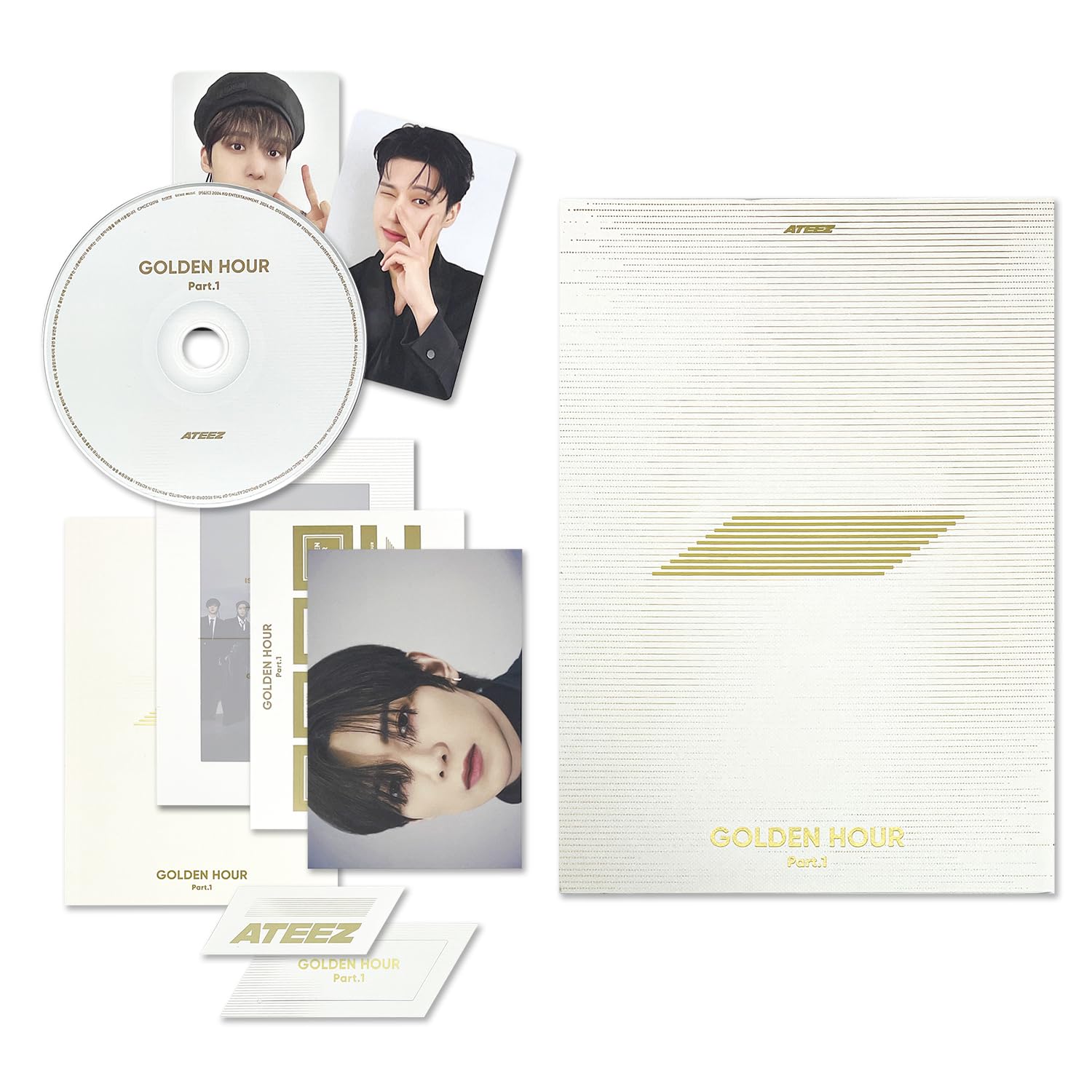 ATEEZ - [GOLDEN HOUR : Part.1] (DIARY Ver.) Invitation + Photo Frame + Postcard Set + Envelope + Photobook + Postcard + Photocard + Sticker + Bookmark + Disc + 2 Pin Badges + 4 Extra Photocards