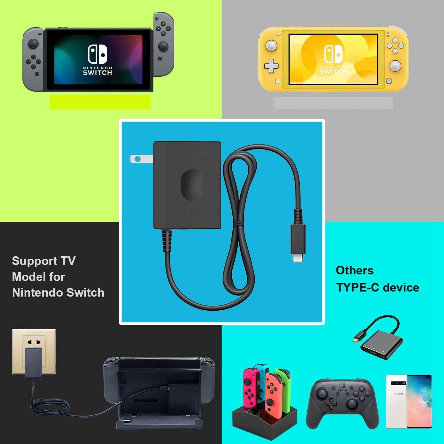 Switch Charger for Nintendo Switch, [Latest Version] Nintendo Switch Charger AC Adapter 15V/2.6A Fast Charging Replacement for Nintendo Switch/ Lite/ Pro Controller (Support TV Mode)