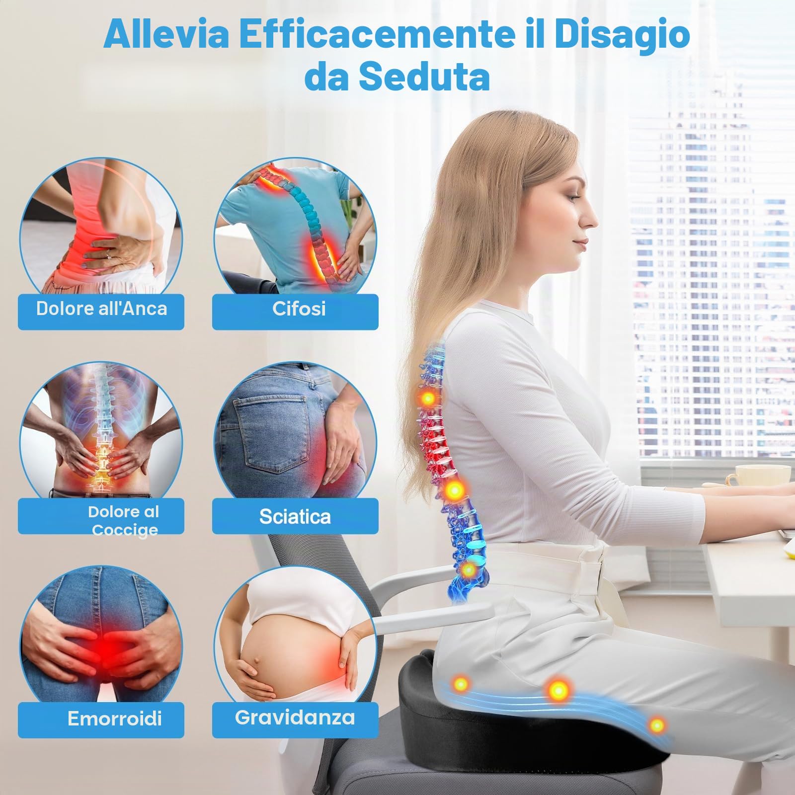 Cuscino per Sedile Auto, Cuscino in Schiuma Di Memoria per Dell'auto, Con Base Antiscivolo, Per Sedia Da Ufficio, Sedile Dell'auto