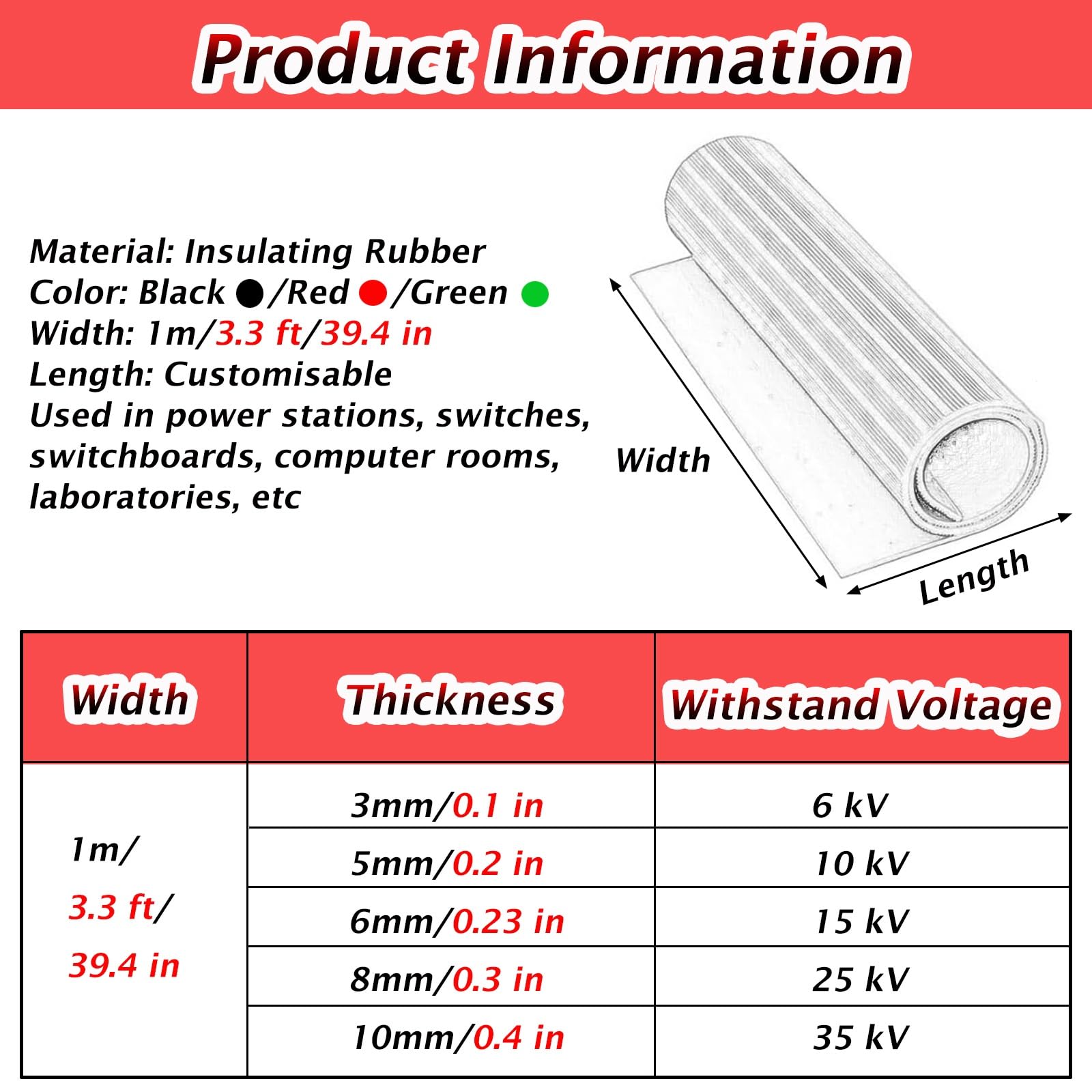 MZZKFC 3 6 10 15 20 FT Insulated Rubber Mat, Customisable Anti-electrocution Insulated Electrician Mats Waterproof & Non-Slip, Power Plants/Workshop Rubber Floor Mats(Red,12'X 1/3