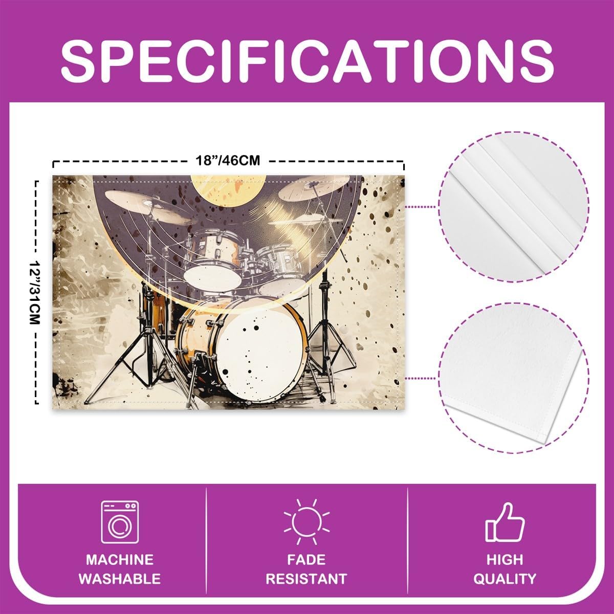 Feelyou Drum Kit Placemats Set Set of 4 18"x12" image 4