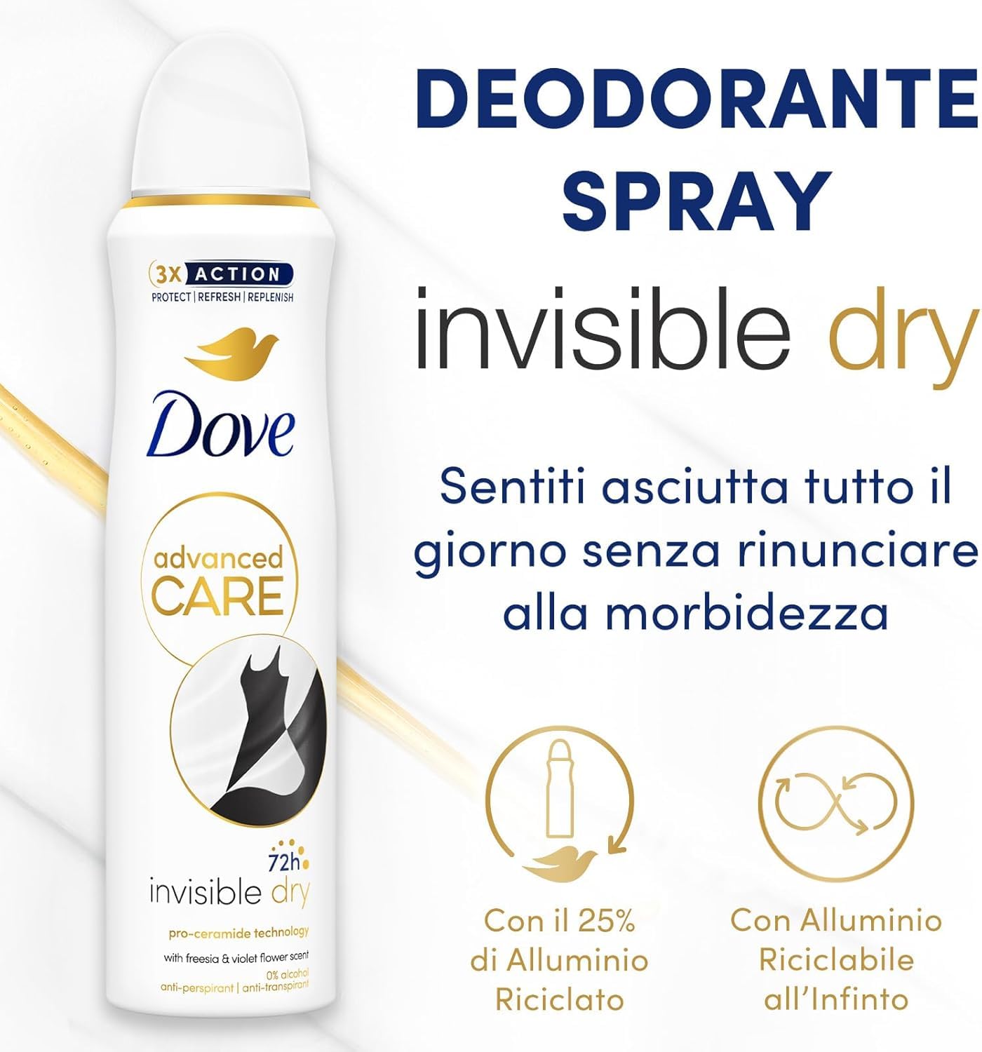 Dove Advanced Care Invisible Dry Spray Dezodorant z formułą nawilżającą i przyjazną dla skóry, formułą przeciw plamom, suchość skóry do 72 godzin, dezodorant dla mężczyzn i kobiet, 6 sztuk 200 ml