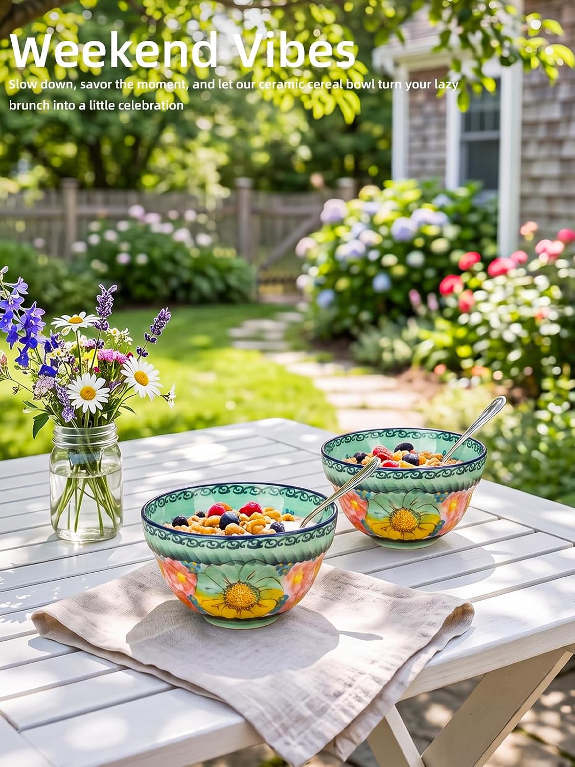 Handmade Cereal Bowls, 13 oz Ceramic Soup Bowls, Set of 2 (Flowers Green)
