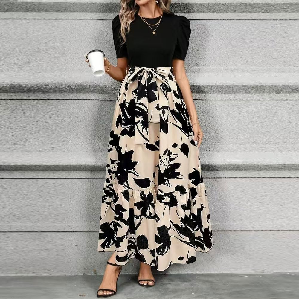 Vestito Donna Stampa Floreale Maniche Corte Scollo Rotondo Abiti Elegante Orlo a Volant Estivo Vestiti da Cocktail Party