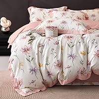 Vista 23 de MKXI Juego de ropa de cama con diseño de corbata de moño linda y rayas de flores rosas, tamaño individual, de algodón - Funda de edredón