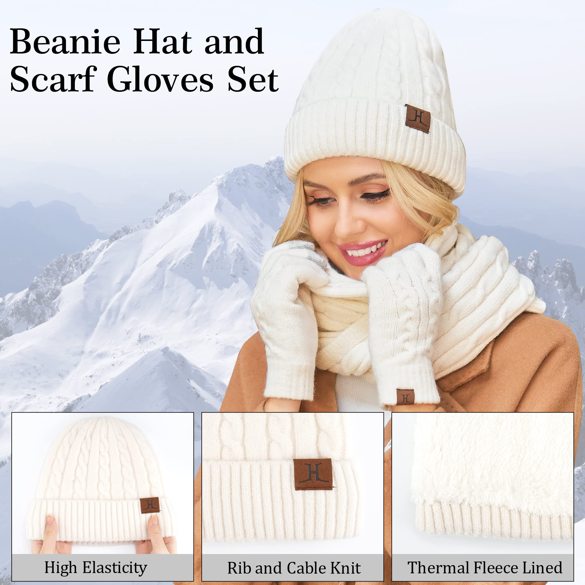 Femme Hiver Bonnet Chapeau Écharpe Écran Tactile Gants Ensemble Chaud Tricot Polaire Doublé Casquette Foulard Gant Cadeaux de Noël Anniversaire pour Femmes