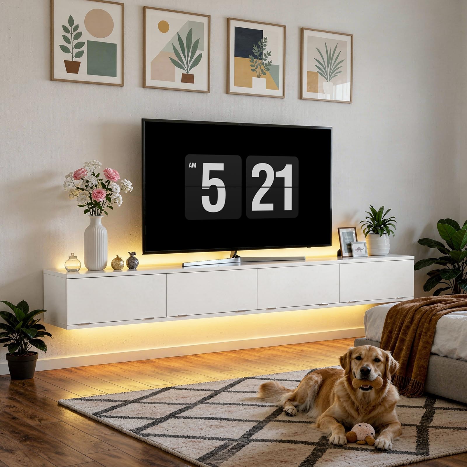 YATINEY Mueble para TV Suspendido con Tira de Luces LED, Soporte para TV Montado en Pared con Cuatro Puertas Abatibles, 180 x 24 x 22 cm, para Salón o Dormitorio, Blanco XDS23DWT