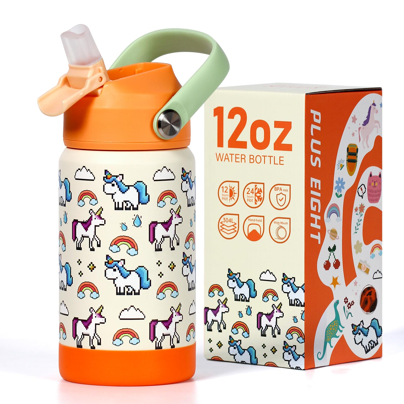 pluseight Kids Insulated Water Bottle with Straw Lid, 12 oz BPA-Free Double Wall Vacuum Tumbler 18/8 Stainless Steel Leak Proof Kids Cups with Straw for School Travel Boys Girls (Beige Unicorn)