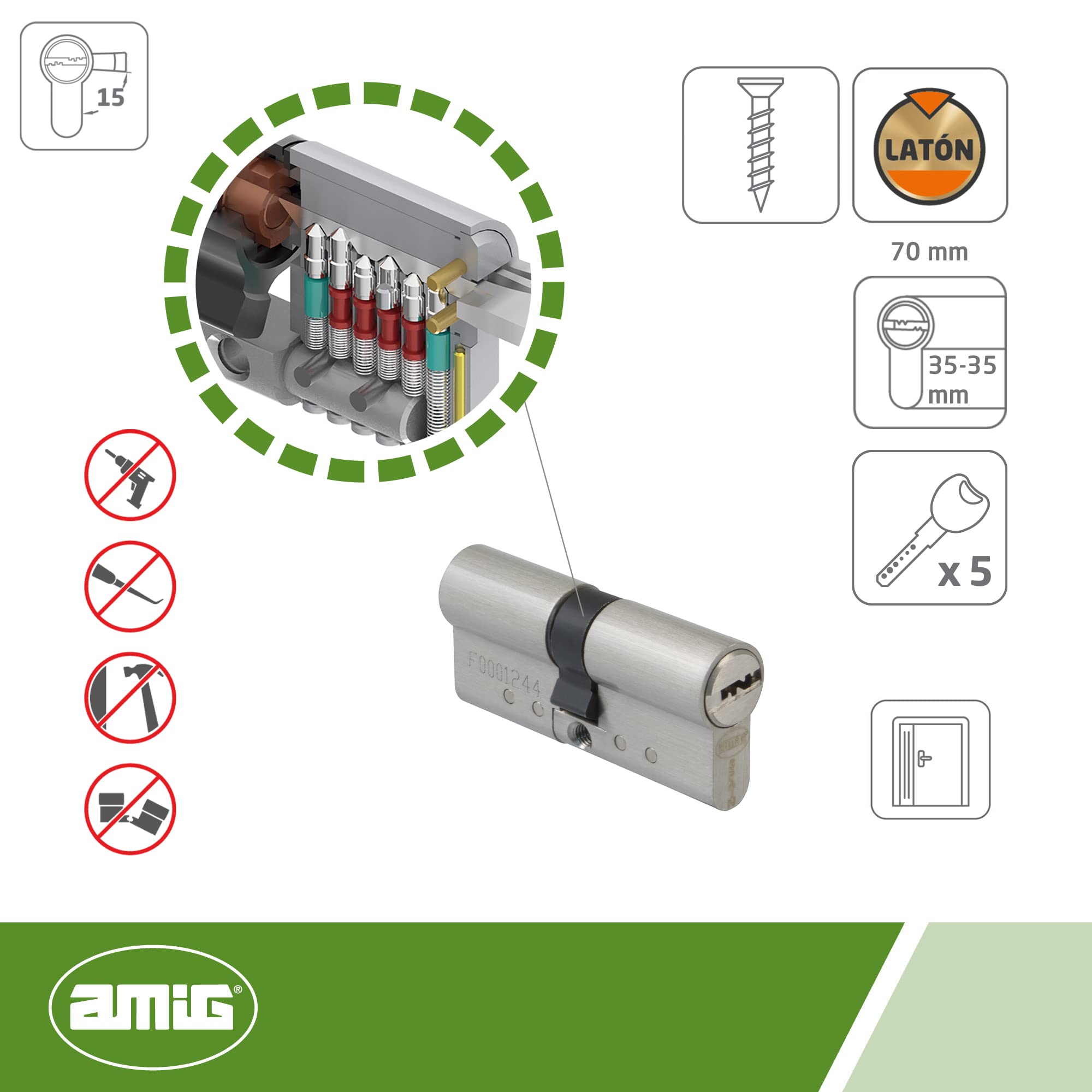 Amig - Pack de Seguridad Cerrojo de Sobreponer y Cilindro Redondo Mod. 1EPLUS - Pestillo de Apertura y Sistema Antibumping- Cerrojo 90 x 154 mm - Cilindro ø 70 mm (35-35) - 5 Llaves - Acero - Plateado