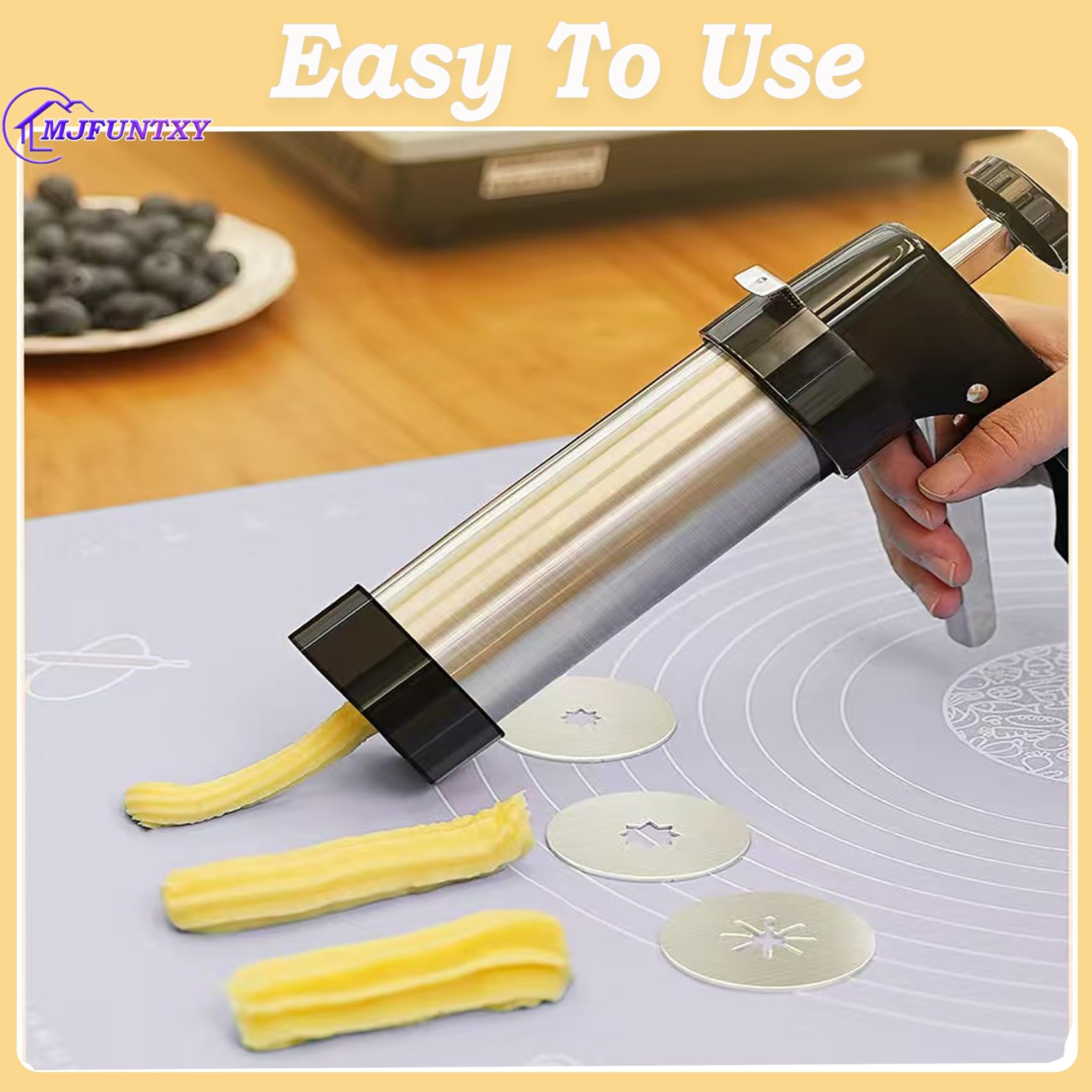 Kit de machine à churro – Pistolet à churro en acier inoxydable avec 8 douilles à douille, 16 disques, 1 brosse et poche à douille, presse à biscuits multifonction pour churros, beignets et