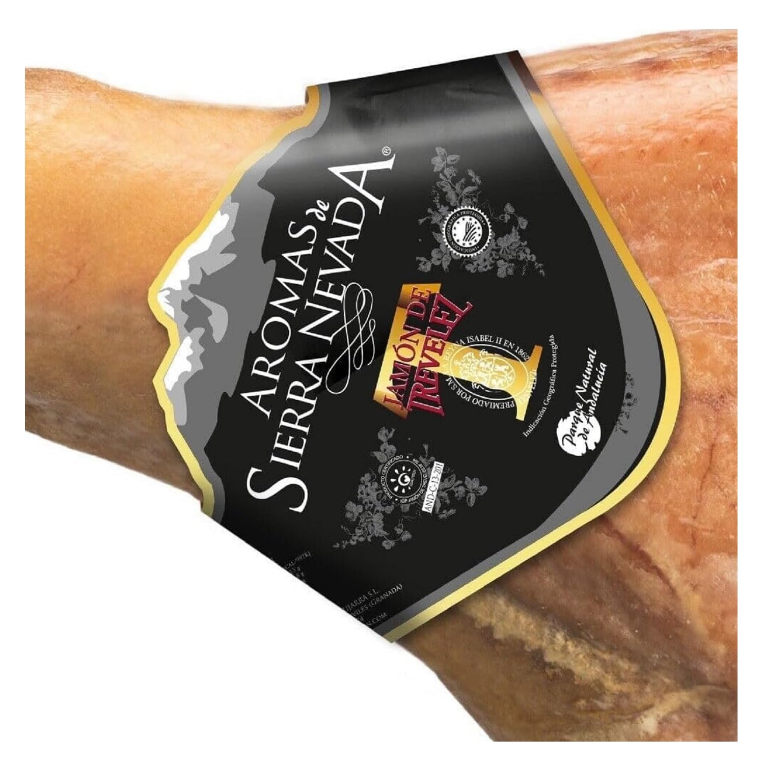 LalolaGourmet I Prosciutto Serrano Spagnolo -Trevélez I.G.P 8.5/9 kg Etichetta NERO, Stagionatura Naturale 100% Minima 23 Mesi, Senza glutine, Senza additivi