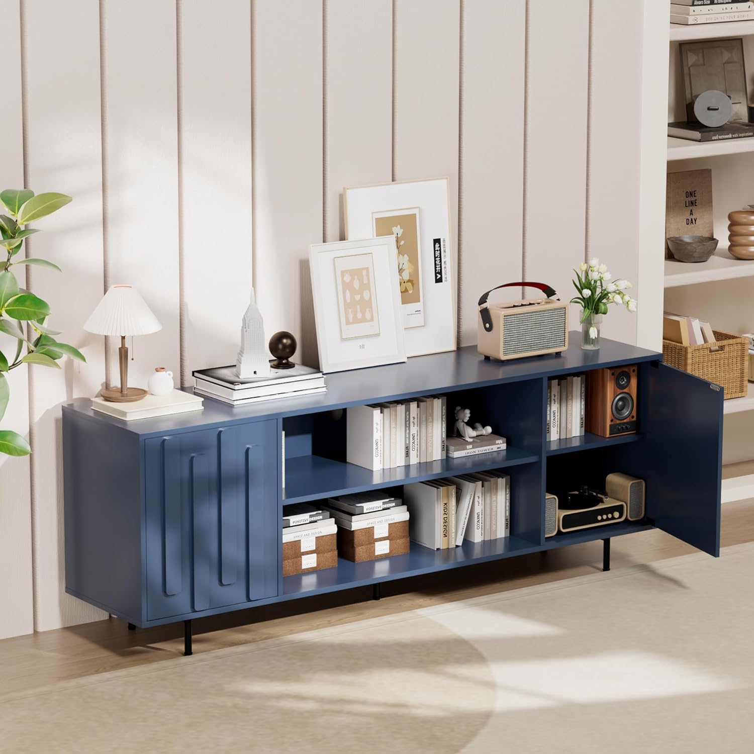 TV Stand for for Living Room, Mid-Century Modern TV Stands for 65" 60" 55" TVs, Fluted Entertainment Center with Storage Cabinet & Open Shelf, Wood TV Media Console Table, Blue