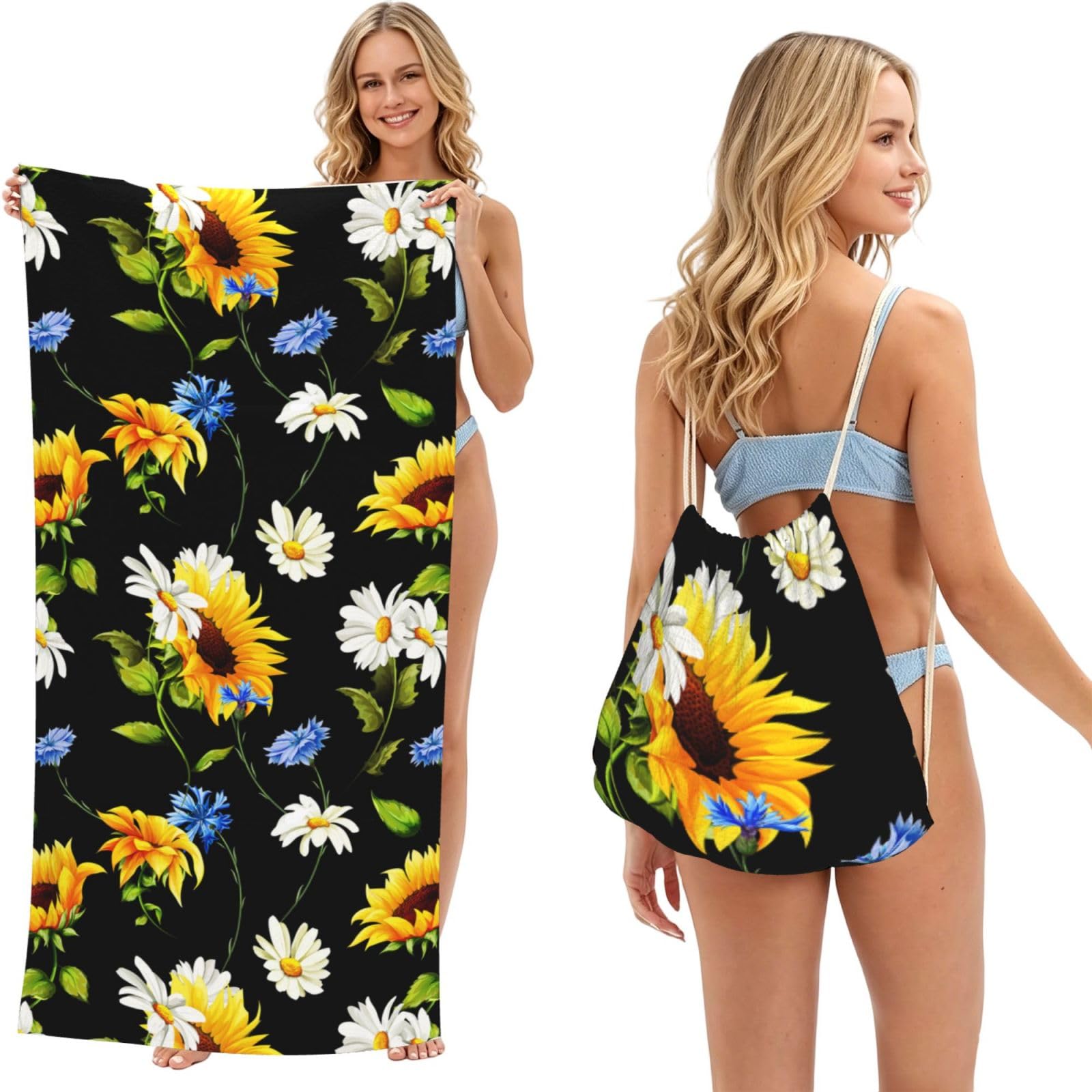 Poadnly As Picture Sunflowers Chamomile Printed, 2 In 1 Packable Towel Bag, Beach Towels With Drawstring Backpack For Travel Holiday Camping