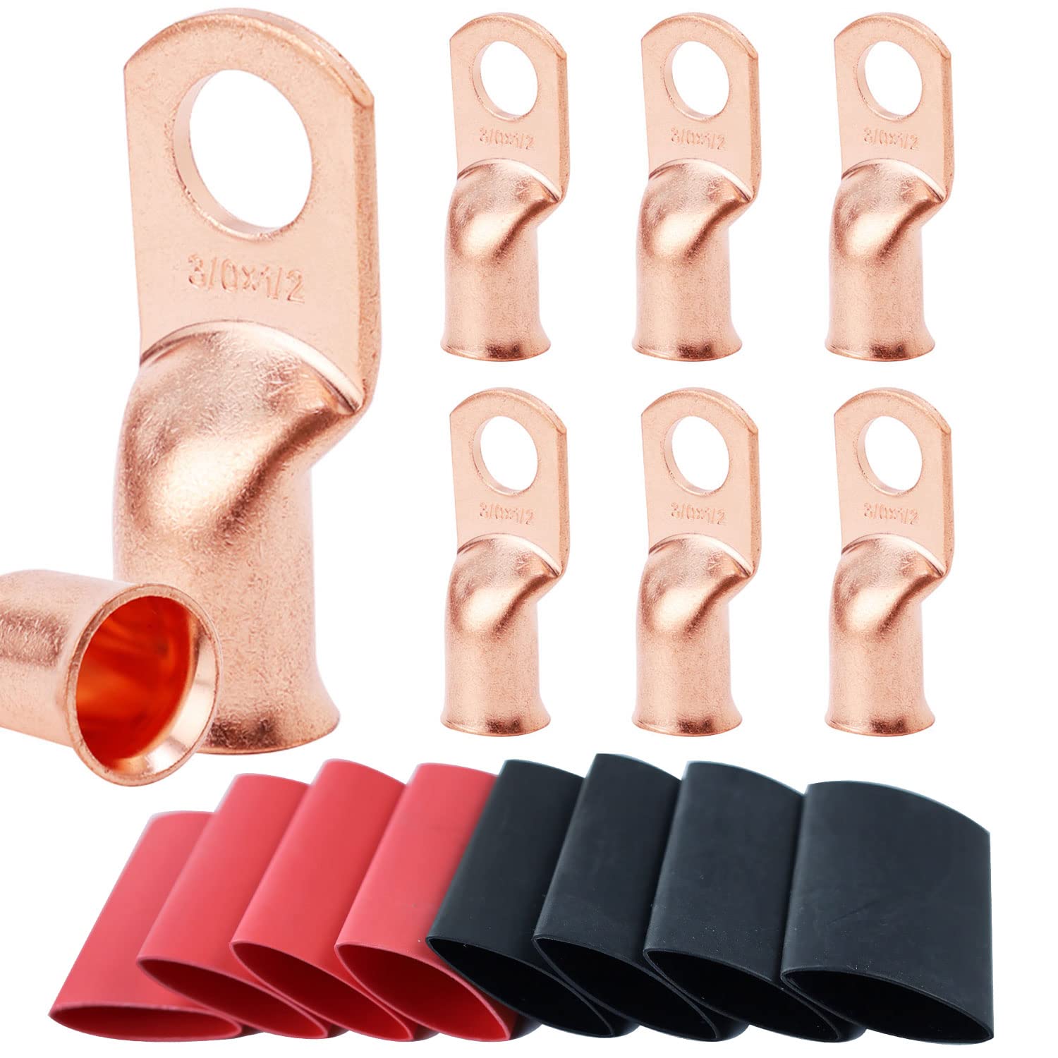TKDMR 8 PCS 3/0 AWG - 1/2 Battery Cable Lugs Copper Wire Ring Terminals | UL,4:1 Heat Shrink Cable Ends,Wiring Connector Terminal End,Electrical Crimp Connectors 3/0 Awg - 1/2" (M12) Ring 8
