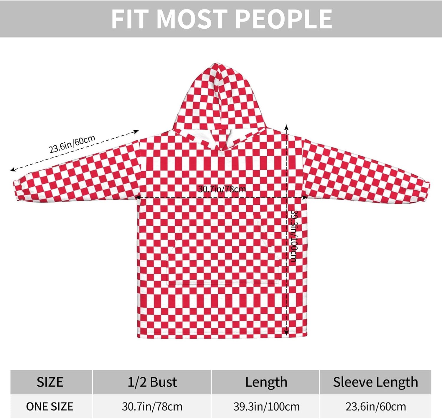 Red Checkered White Squares Print Blanket Hoodie Fleece Sweatshirt Blanket With Sleeves And Pockets