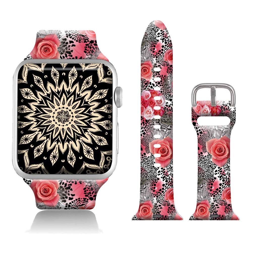 Floral Sport Bands Compatible with Apple Watch 42mm 44mm 45mm 49mm for Women Men Girls, FTFCASE Red Rose Printed Soft Silicone Strap Replacement for iWatch SE Ultra Series 8/7/6/5/4/3/2/1