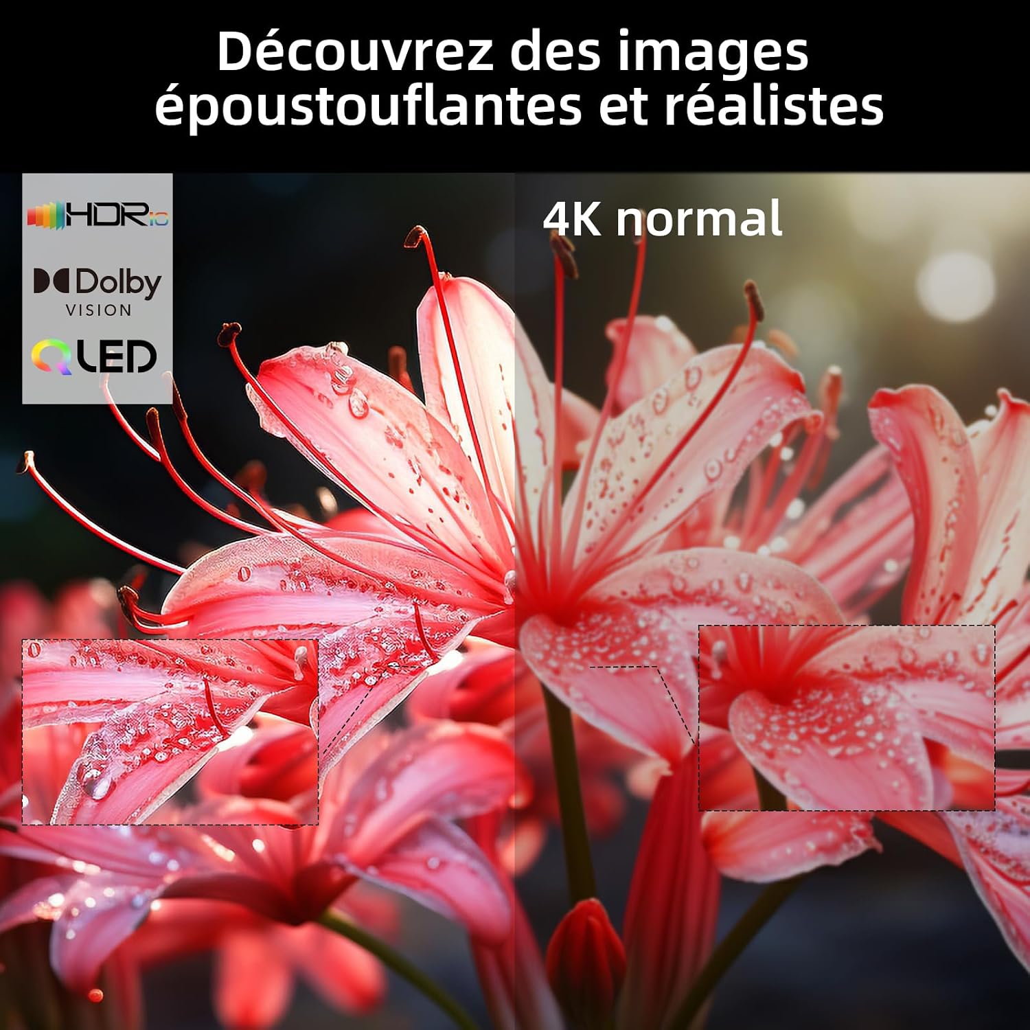 CHIQ U55QH7C TV displaying HDR and 4K image quality comparison