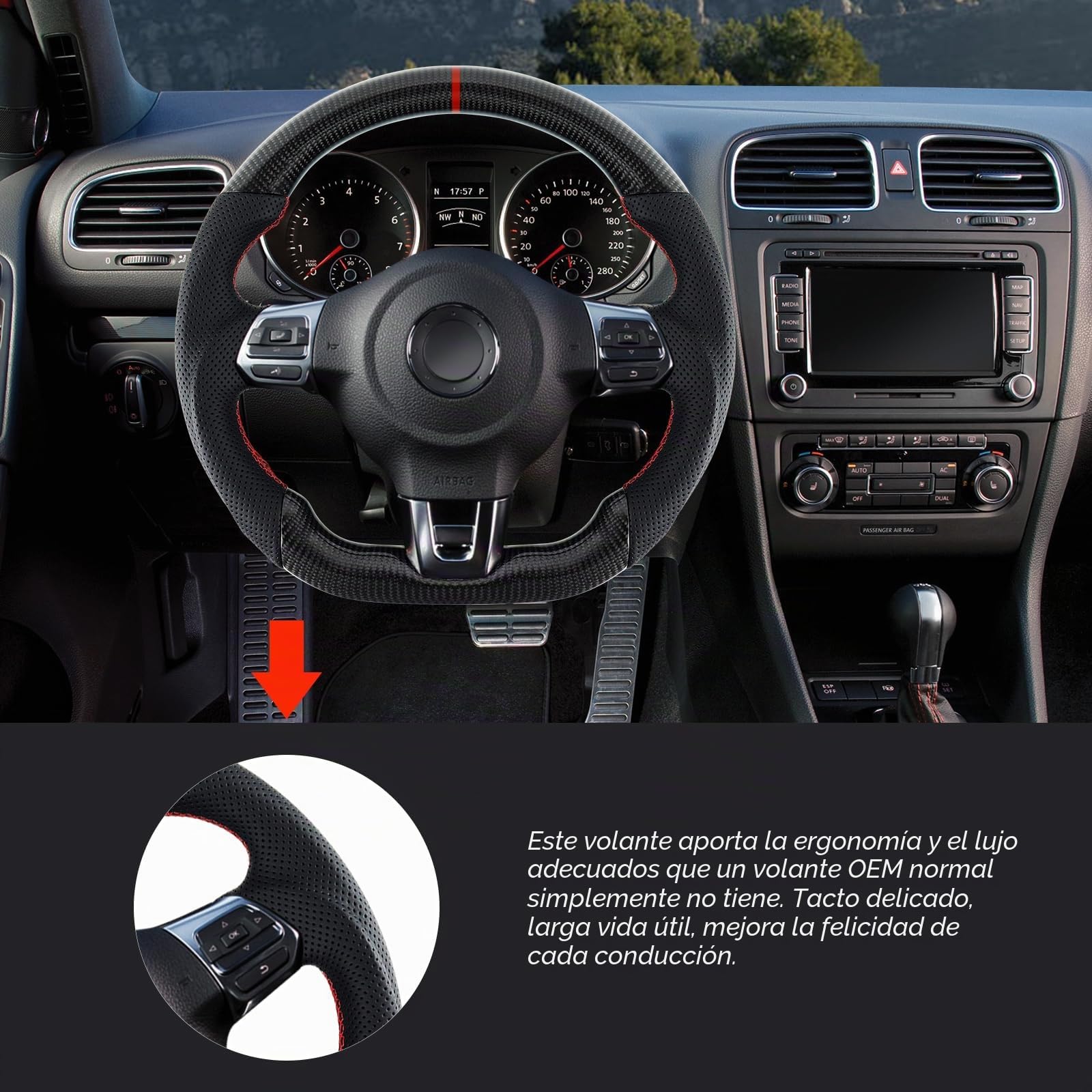 Volante de fibra de carbono, piel y D, con fondo plano y costuras rojas, mango de cuero perforado para VW Volkswagen Golf MK6 GTI 2008-2014