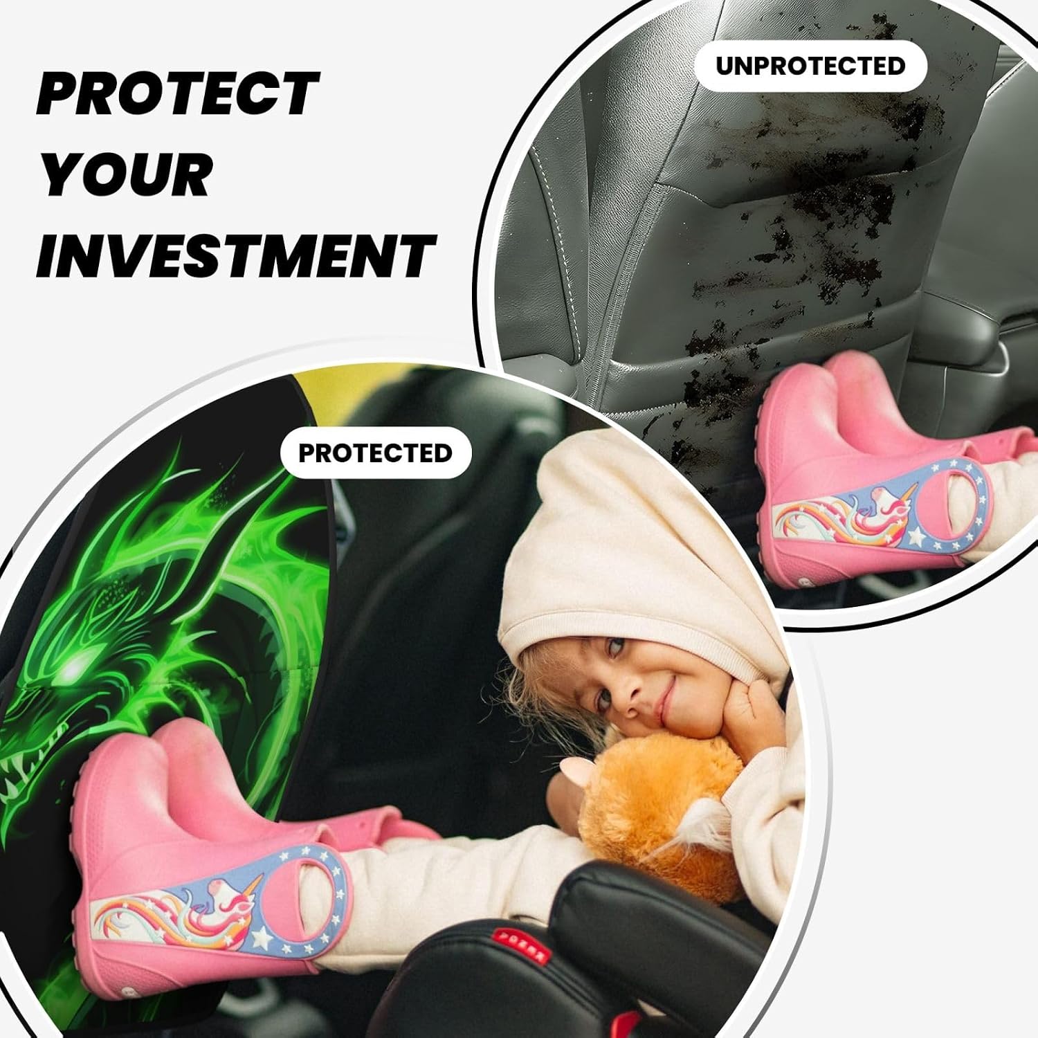 Car Seat Back Kick Protector 2 Pack 18.5x26.4 Inch, Cartoon Glowing Green Dragon Anti-Kick Pad, Waterproof Oxford Fabric Large Rear Seat Cover for Kids Pets Fits SUV Jeep Truck Sedan