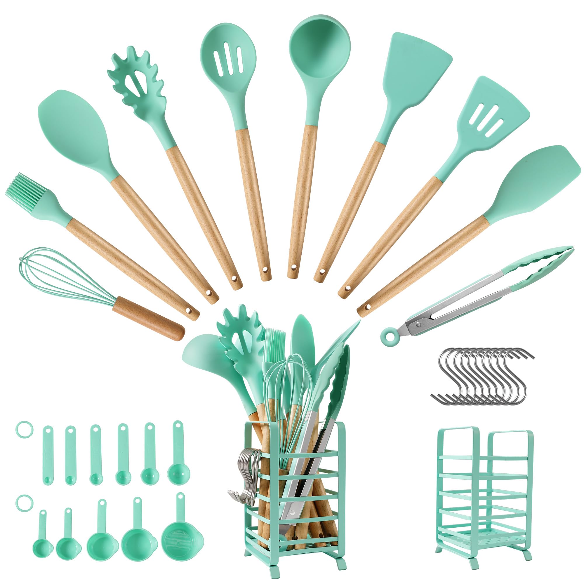 hecef Kitchen Utensils Set, 32 PCS Silicone Cooking Utensils Set with Stainless Steel Holder, 446°F Heat Resistant Food Grade Kitchen Gadgets Tools Set Wooden Handle for Nonstick Cookware (Green)