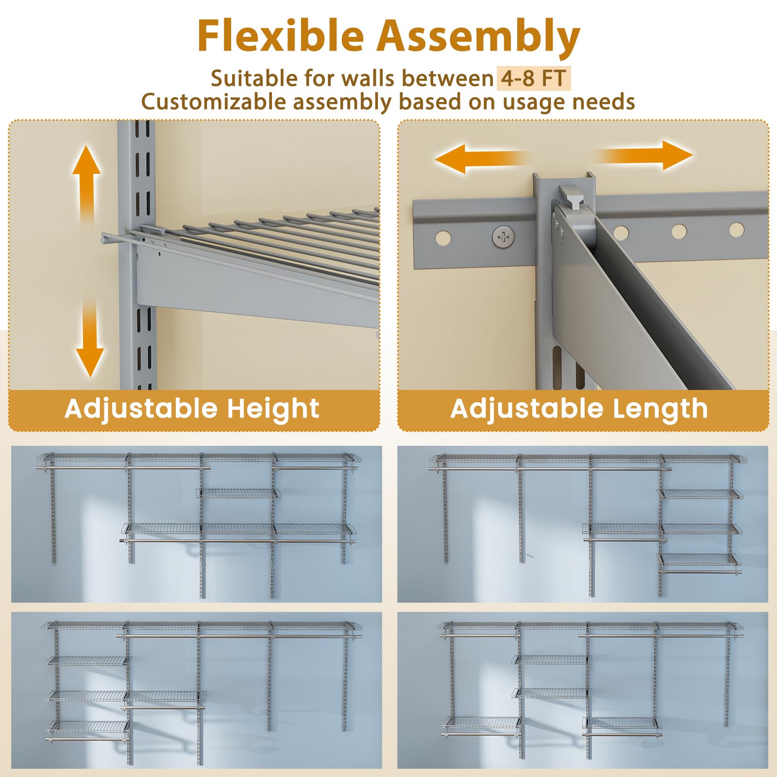 GIANTEX Système organisateur d'armoires à fil, kit d'armoire mural personnalisé avec étagères de rangement réglables, porte-bagages avec tiges, parfait pour manteaux, blanc/gris (gris)