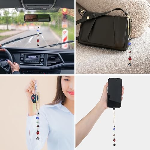 Miniatura 7 de Adorno colgante de ojo turco para espejo retrovisor, accesorios de buena suerte, lindo dije bohemio para automóvil con mariquita, trébol de cuatro