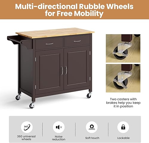 Miniatura 5 de Harmony-Furniture - Isla de cocina rodante con cajones de almacenamiento, carrito de servicio con mesa de madera y armario de 2 puertas, estante