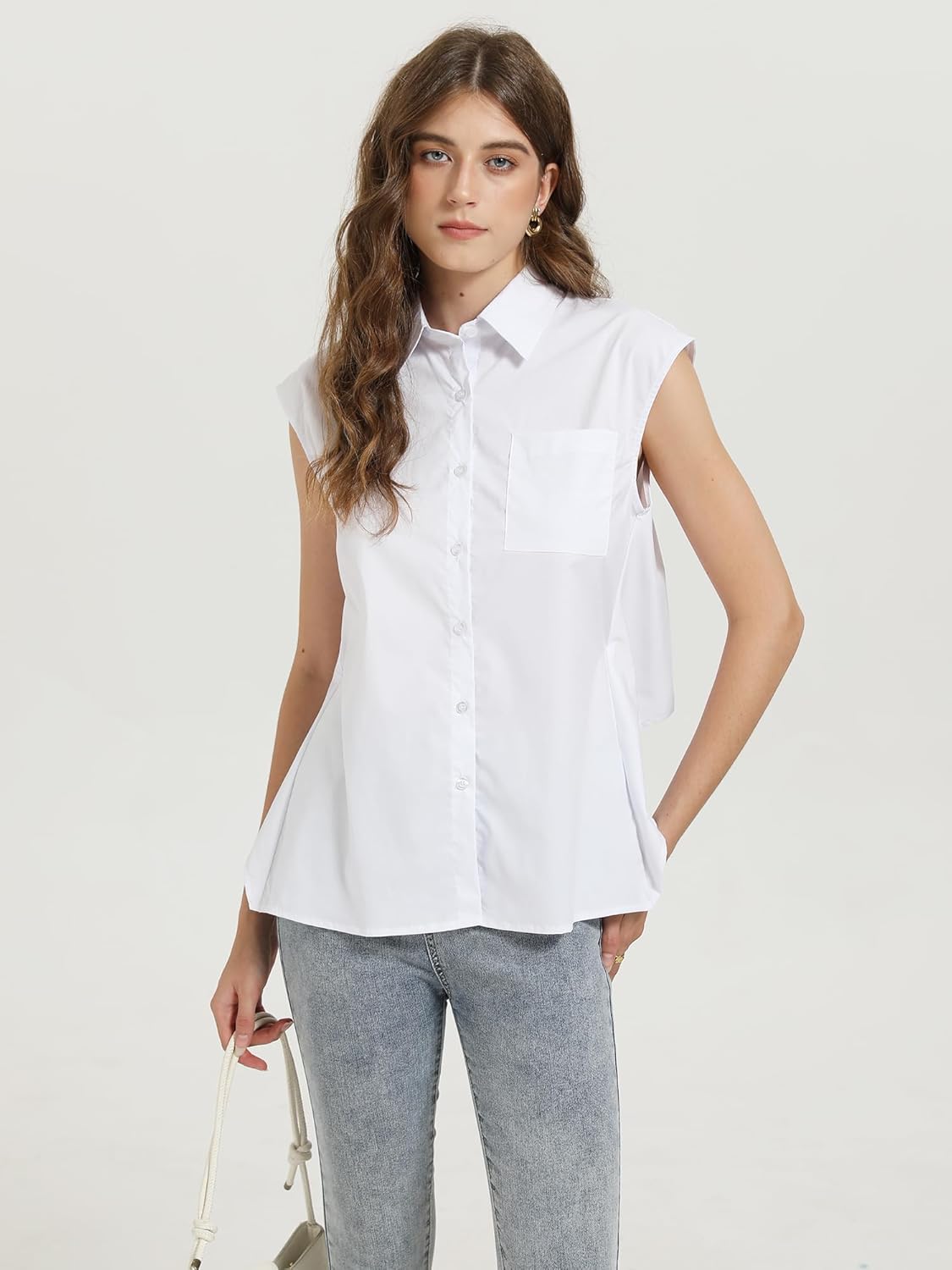 SUNNOW Women's Sleeveless Open Tie Back Shirt Collared Vest Tailored Tank Tops Button Down Blouse - Image 5