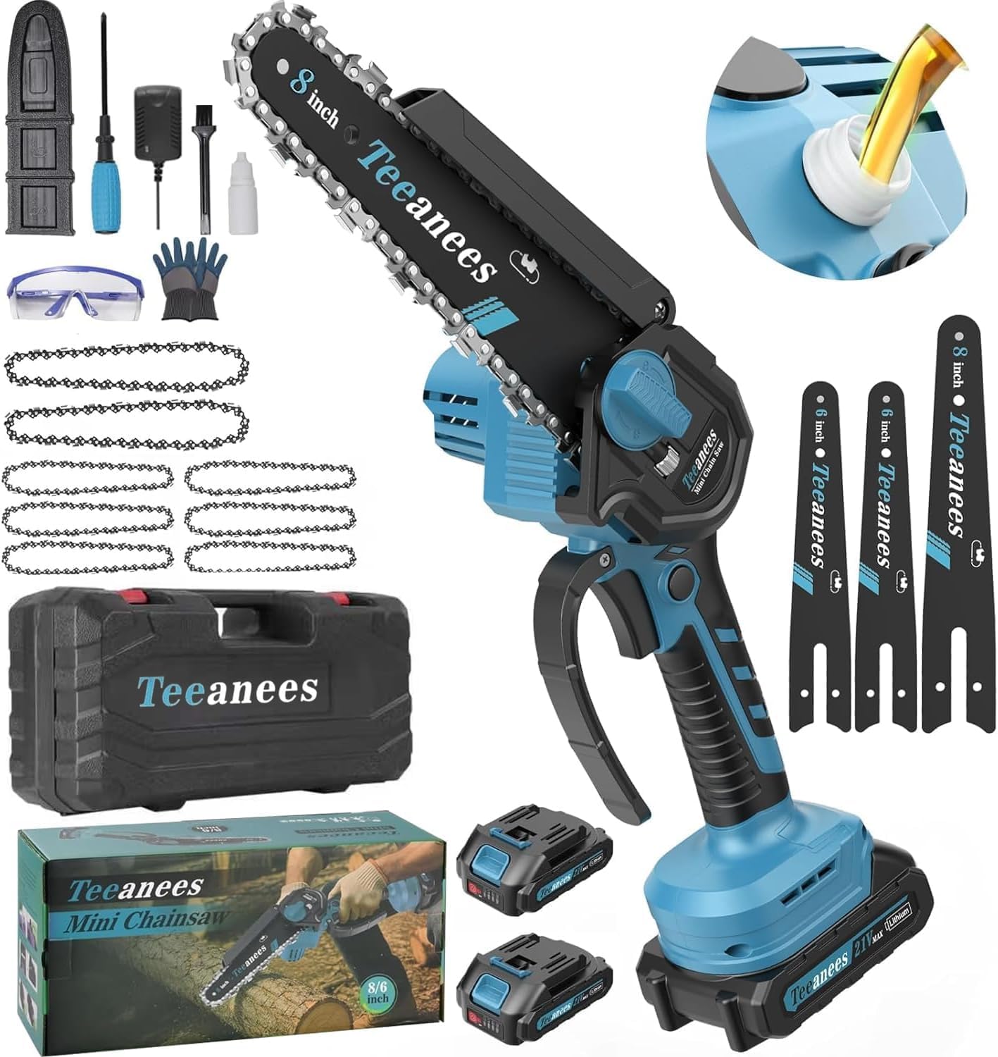 TEEANEES Mini Chainsaw Cordless 8 Inch Electric Chain Saw, 2 Batteries 8 Chains Auto Oiler, Portable Battery Powered Handheld for Wood Cutting Tree Trimming Garden (Blue)