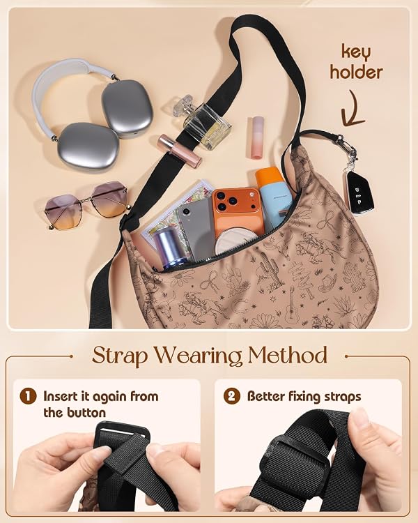 Miss Adola Crescent Bag for Women - Cute Nylon Small Crossbody Bag with Adjustable Shoulder Strap Waterproof for Travel, Western Lines by Miss Adola - Used condition - Image 4