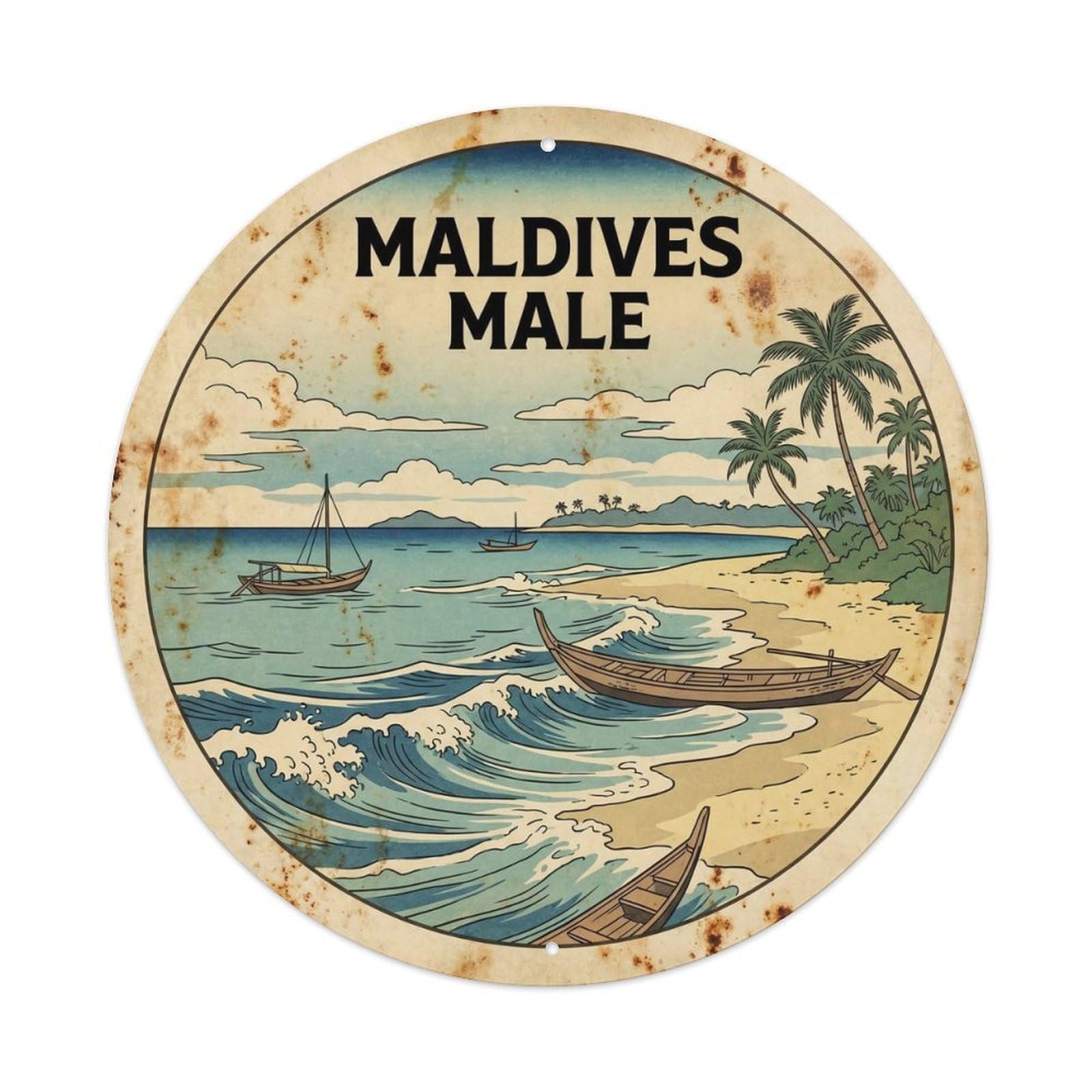 Maldives Male Atoll Resort Vintage Woodcut Metal Tin Sign
