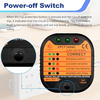 Socket Tester UK 220-250V Circuit Polarity Voltage Detector with LCD Display RCD GFCI Function Portable Automatic Mains Outlet Wiring Leakage Current Tester for Fault Detection Power Polarity Testing