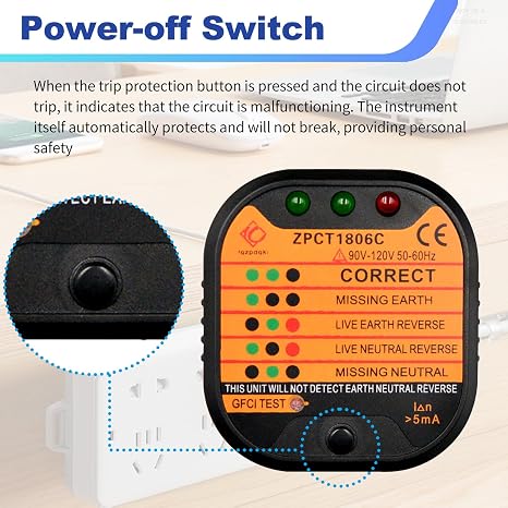 Socket Tester UK 220-250V Circuit Polarity Voltage Detector with LCD Display RCD GFCI Function Portable Automatic Mains Outlet Wiring Leakage Current Tester for Fault Detection Power Polarity Testing