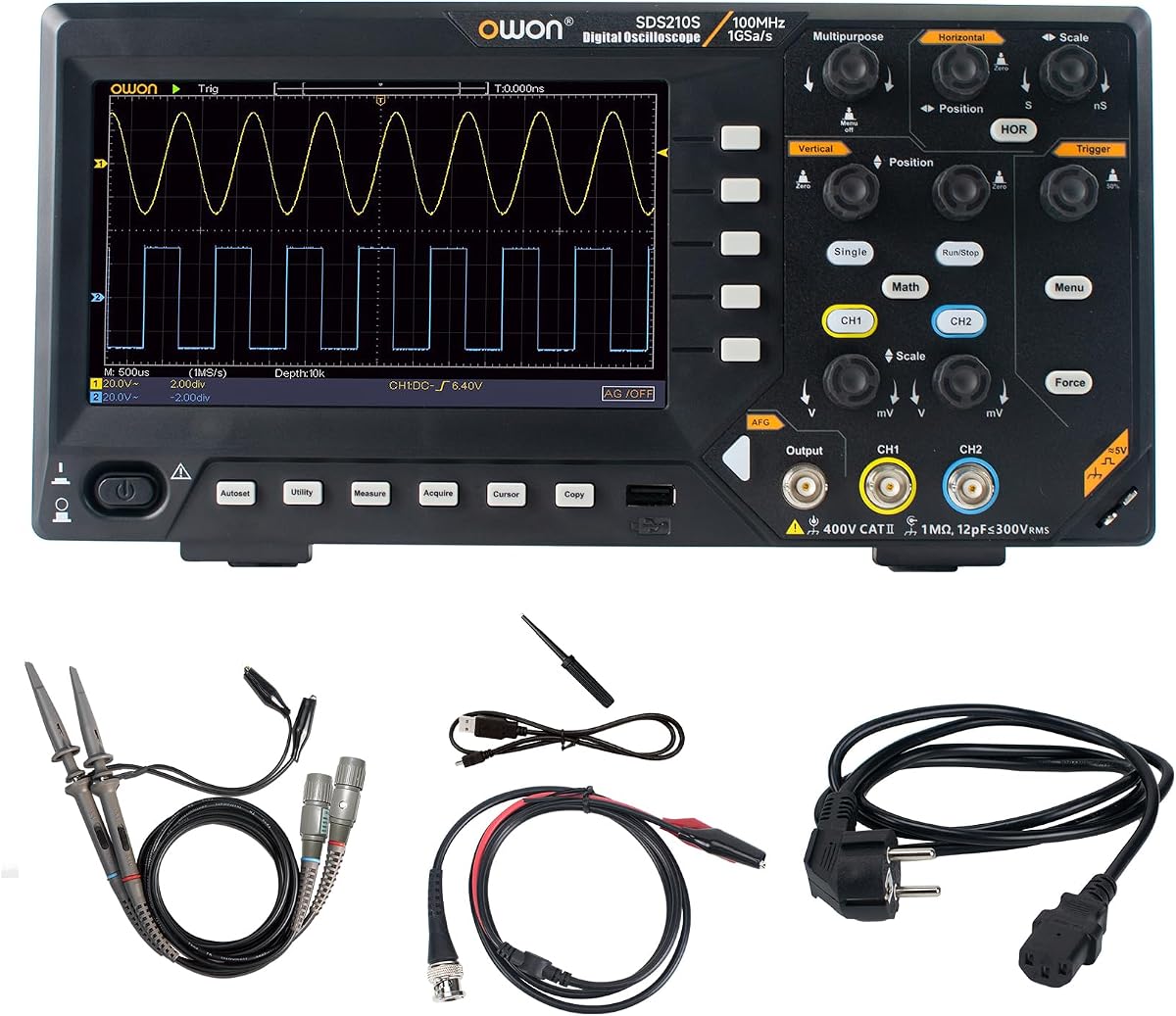 OWON Digital Oscilloscope with Dual-Channel Channels and Screen 7 inch, TFT-LCD Display, Portable Oscilloscope with 1GS/s Sampling Rate, Bandwidth 100MHz,8K Waveform Length,SDS210S
