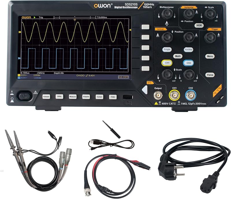 OWON Digital Oscilloscope with Dual-Channel Channels and Screen 7 inch, TFT-LCD Display, Portable Oscilloscope with 1GS/s Sampling Rate, Bandwidth 100MHz,8K Waveform Length,SDS210S