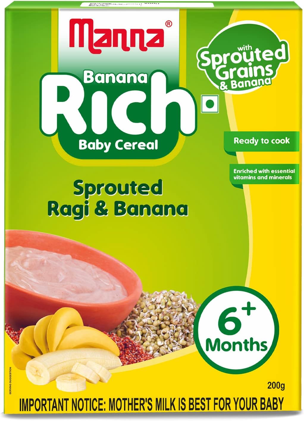 Baby Food Cereal. No added sugar, safe for 6 months and above, BIS Approved cereal based complimentary food, sprouted millets & pulses for easy digestion. Allergen Free. Sprouted Ragi & Banana 200g