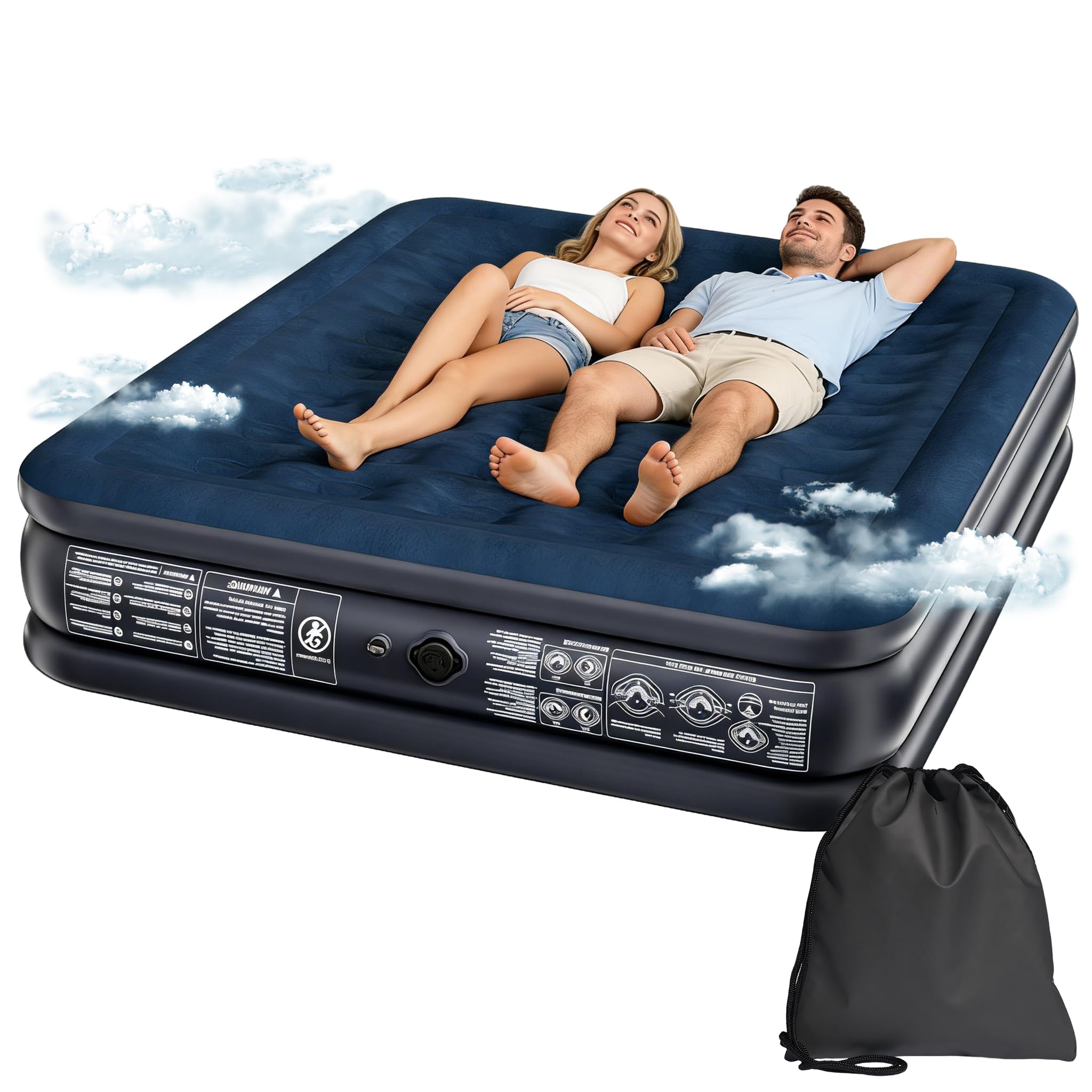YRHome Aufblasbare Luftmatratze mit Pumpe | 2 Personen 203×152cm | Bis zu 300kg Tragkraft | Schnell Aufgeblasen in 3 Min | Klappbar mit Tragetasche | Campingmatratze & Gästebett | Dunkelblau