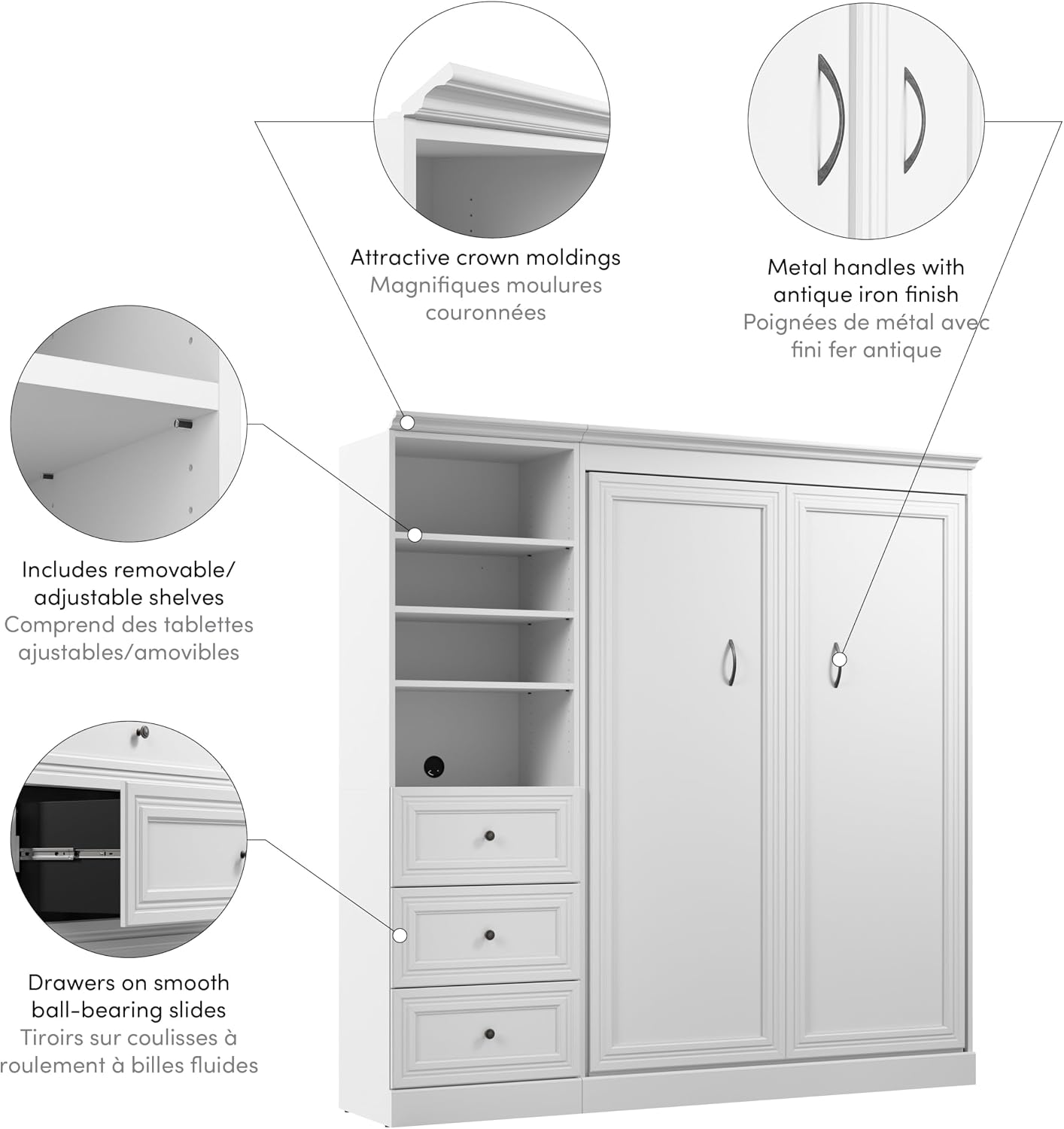 Bestar Versatile Full Murphy Bed and Closet Organizer with Drawers (84W) in White, Sleeping Arrangement and Wardrobe for Multipurpose Room
