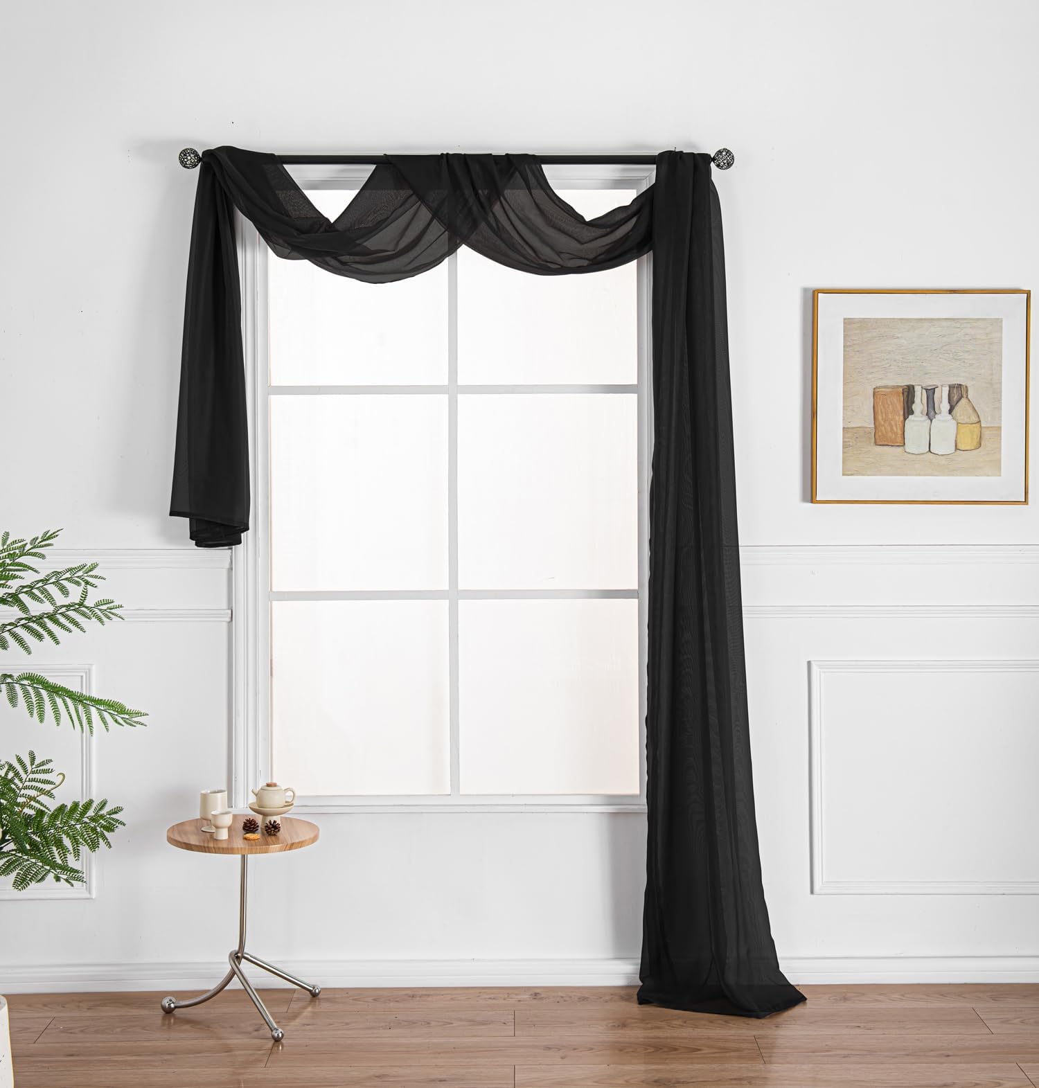 WPM WORLD PRODUCTS MART Drape/Panels/Scarves/Treatment Beautiful Sheer Voile Window Elegance Curtains Scarf for Bedroom & Kitchen Fully Stitched and Hemmed (Black, 38" Inch x 216" Inch)