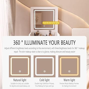 Corner Vanity Desk, 3 in 1 Vanity Desk, Small Vanity with Glass Top, Makeup Dressing Table for Bedroom with Adjustable Lighting, Practical and Space Saving A,48x40x82cm