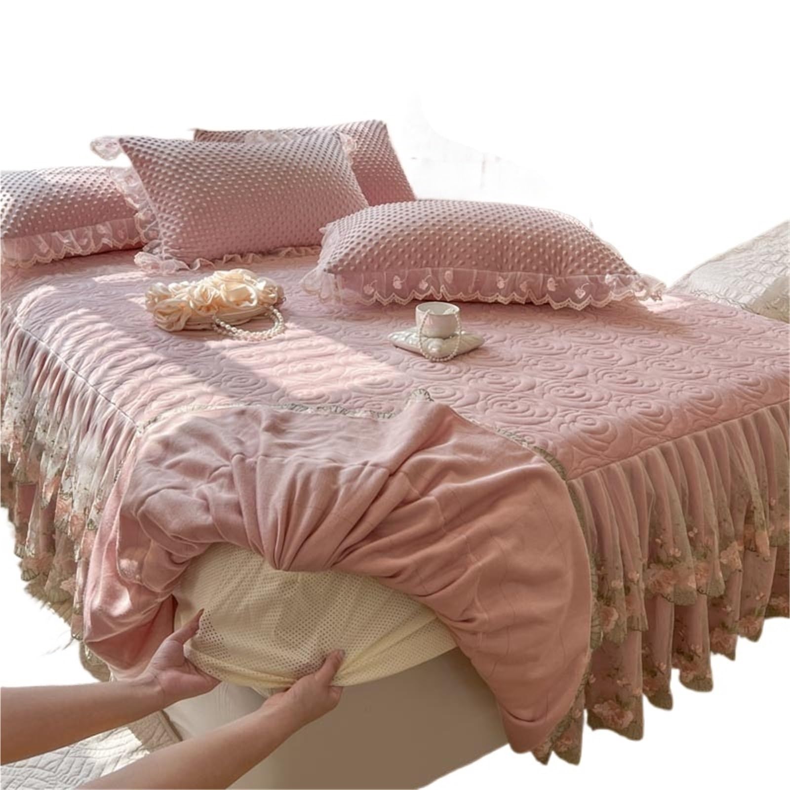 3Pcs Thickened Crystal Velvet Fitted Sheet Bed Skirt, Flowers Lace, Quilted Bedspread, Cover, Pillowcases(Color 4,150X200cm 3pcs)